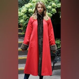 Red Gabardine Coat Sheared Nutria Reversible 